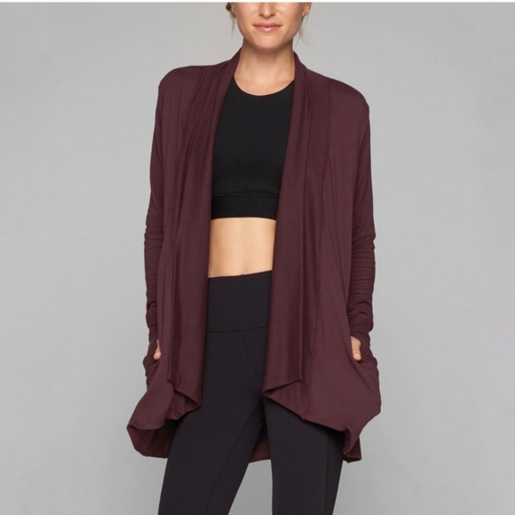Athleta Pranayama Wrap Cardigan Purple Wine Long Sleeve Sweater Pockets … - Picture 1 of 12